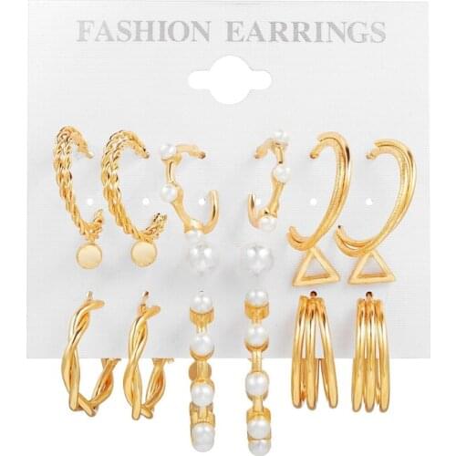 Stud Earrings 1 Piece Set Fashion Punk C-shaped Circle Pearl Set Earrings Ins New Same Style T84A