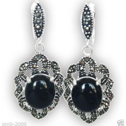Hot Sell Vintage 925 Sterling Silver Natural Black Marcasite Dangle Earrings