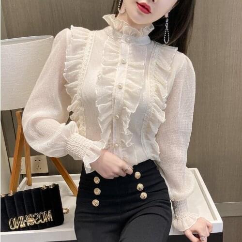 Vintage Lolita Chiffon Shirt Blouse Royal Court Palace Women Flounce Frill Stand Collar Elegant Female Gothic Beading Elegant