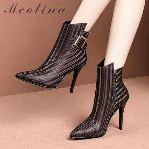 Meotina Autumn Ankle Boots Women Natural Genuine Leather Buckle Thin Heel Short Boots Zip Extreme High Heel Shoes Lady Winter 39