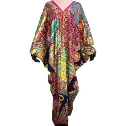 Sexy V-neck african print dresses For women Loose Batwing Sleeve Summer Dashiki Abaya Muslim women Maxi dresses kaftan