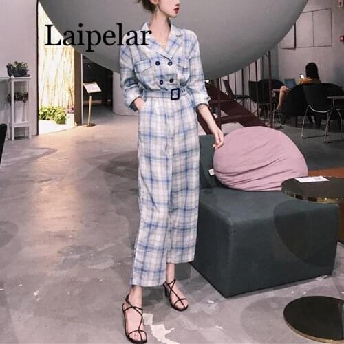 Laipelar women blue double breasted notched collar plaid jumpsuit full length work office lady