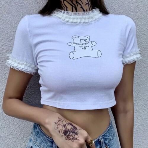 Cute Cartoon Bear Print Round Neck Short-sleeved Lace White Sexy Y2k Crop Top Ladies Summer Cotton T-shirt Basic Casual Top