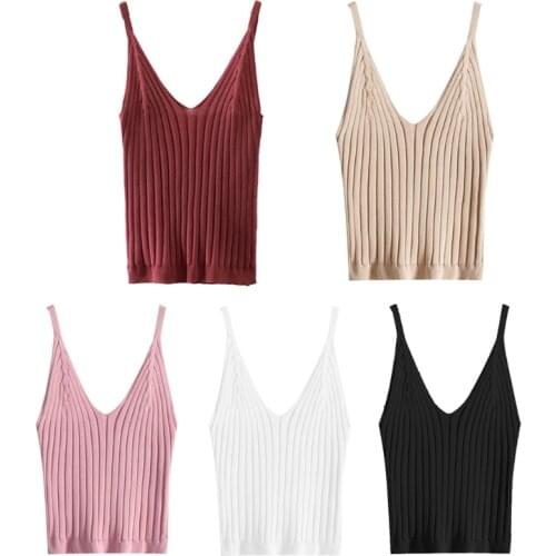 Women Sexy Crop Tank Top Ribbed Knit Spaghetti Strap Camisole V-Neck Solid Vest X5XA
