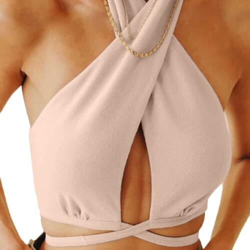 Backless Halter Camisole Womens Sexy Cross Camis Summer Fashion Solid Color Lace-Up Exposed Navel Tops