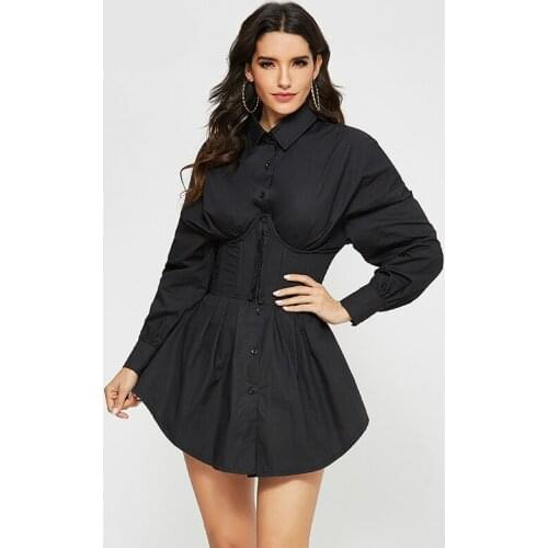 Europe Style Black White Shirt Dress Women Long Sleeve Corset Punk Style Mini Office Work Dress Ladies Sheer Summer Dress 2020