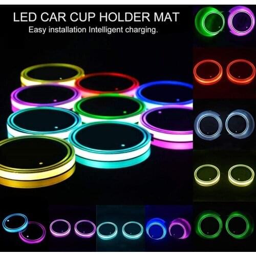 2Pcs USB charging Car Led Cup Holder Water Bottom Mat RGB Light Decor Cover Luminous Trim Lamp Ornament Coaster Accessories