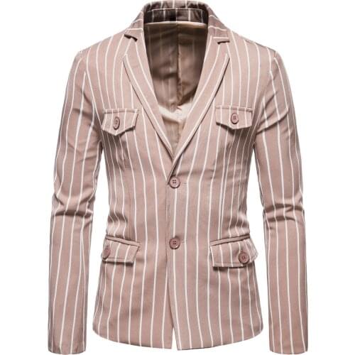 Khaki Blue Striped Blazers Two Buttons Suit Jackets Men Fashion Plus Size Blazer Masculino Slim Fit Dress Suits Costume Homme