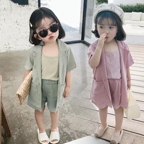 2021 New Girls 3 pcs Set Coat+Vest +Shorts Summer Fashion Girls Suit Kids Clothes 2-7 Years