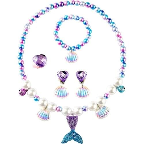 Purple Fish Tail Taile Pearl Necklace Bracelet Earrings Ring Set of 5 Festive Costume Jewelry for Girls 264E
