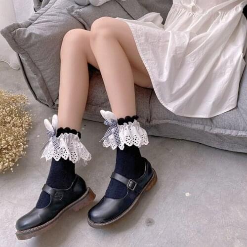 Japanese Lolita Embroidery Lace Short Crew Socks Kawaii Rabbit Bunny Ears Plaid Bowknot Ruffled Harajuku Anklet Hosiery