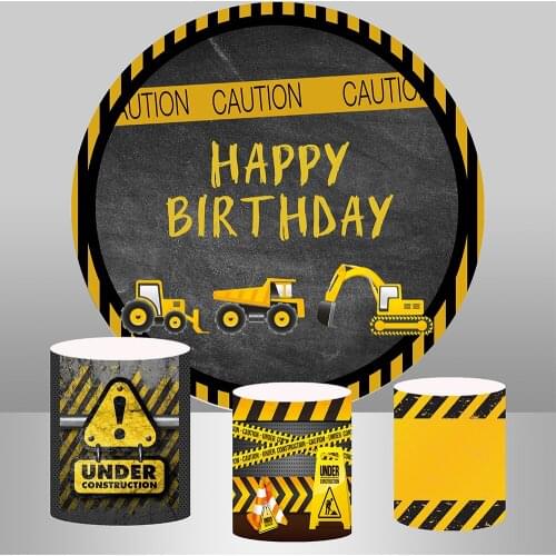 Boy First Birthday Circle Round Backdrop Cover Caution Construction Party Photo Background Plinth Covers Candy Table Banner