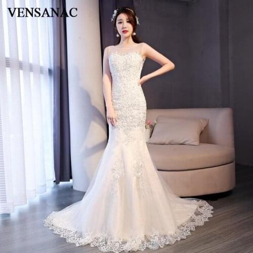 VENSANAC Illusion Sequined O Neck Lace Appliques Mermaid Wedding Dresses 2018 Plus Size Sweep Train Backless Bridal Gowns