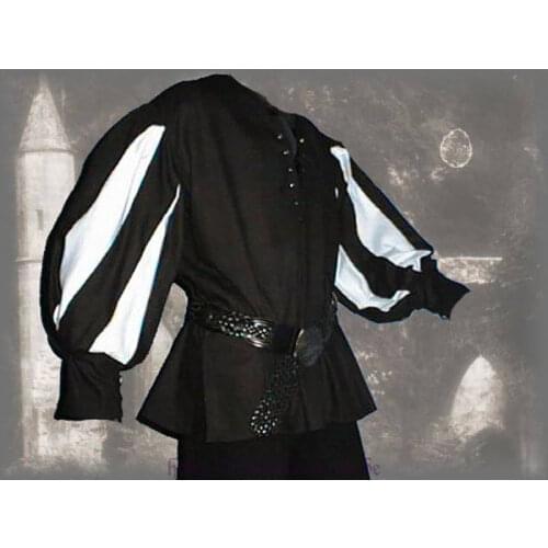 Mens Medieval Warrior Knight Tunic Shirt Belted Lansquenet Larp Pirate Costume Black Lace-Up Top Clothing For Paladin Plus Size