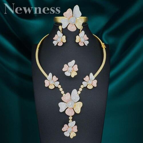 Newness High Quality Luxury Flower Blossom Micro Cubic Zirconia Women Wedding Dress Necklace Bangle Earring Ring Jewelry Set