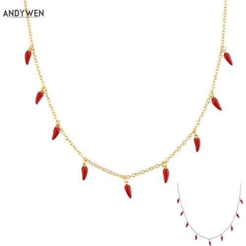 ANDYWEN 925 Sterling Silver 2021 Gold Red Chili Spicy Charm Choker Long Chain Necklace Fine Jewelry Wedding Rock Punk Party