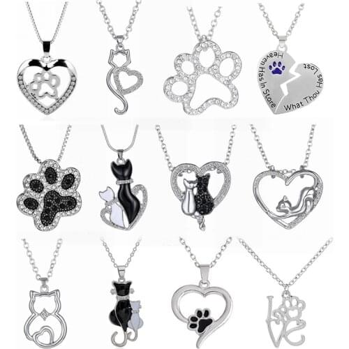 Fashion Cat Cats paw Footprint Necklaces Cute Animal Dog Cat Love Heart Pendant Necklace For Women Girls Jewelry Necklace