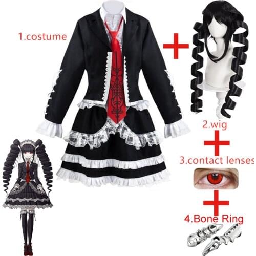 Anime Danganronpa Celestia Ludenberg Full Cosplay Costume Yasuhiro Taeko Cosplay Wig Metal Bone Ring Red Cosmetic Contact Censes