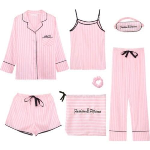 Pink 7 Pieces Womens Pajamas Sets Faux Silk Striped Pyjama Womens Pajamas Sleepwear Sets Spring Summer Homewear