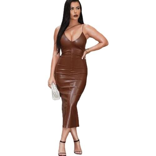 Slip Dress Sexy V Neck Faux Leather Dress Midi Latex Dress for Women Birthday Party Bodycon Elegant Vestidos Club Robe Femme