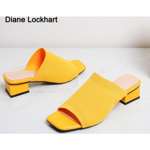 2021 Fashion Knitting Slippers Women Slip On Slides Fashion Brand Designer Square Toe Sandals Female Outdoor High Heels Slippers