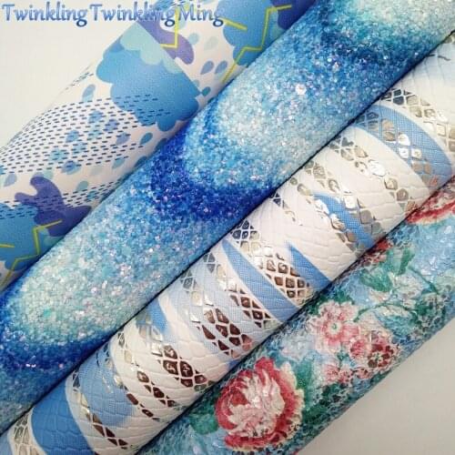 BLUE Glitter Fabric, Glitter Leather with Arrow, Flowers Faux Fabric Sheets For Bow A4 21x29CM Twinkling Ming XM018A