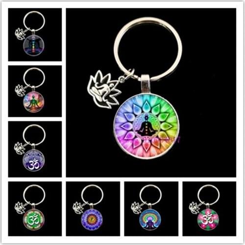 SONGDA Mandala Indian Yoga OM Symbol Art Photo Keychain Buddhism Zen Meditation Spirit Key Chain Handmade Glass Cabochon Jewelry