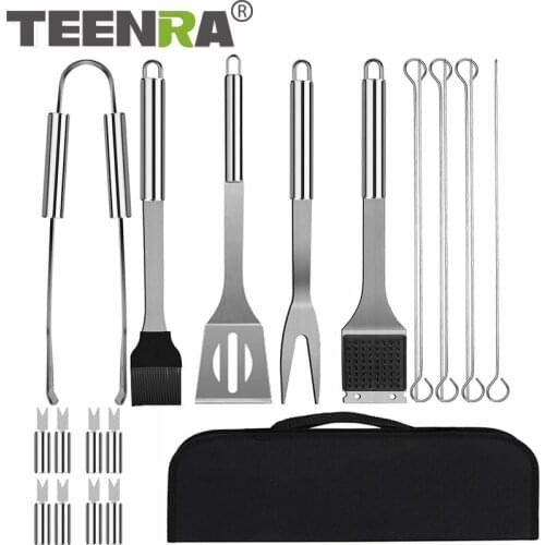 TEENRA 20 Pcs Stainless Steel BBQ Tools Set Barbecue Spatula Fork Tongs Brush Skewers Accessories Outdoor Camping Cooking Tools