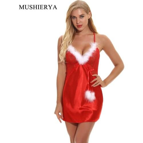 MUSHIERYA Women Satin Sleepwear Christmas Babydoll Sexy Erotic Nightdress Nighties Lenceria Erotic Mujer Sexi Plus Size Lingerie