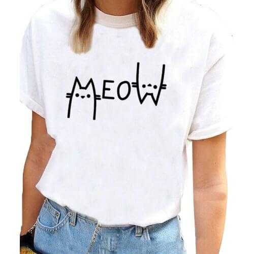 Cute Cat Shirt Women Summer Short Sleeve O-neck Cotton Graphic Tee Shirt Femme Black White Loose T-shirt Women Top Dropshipping