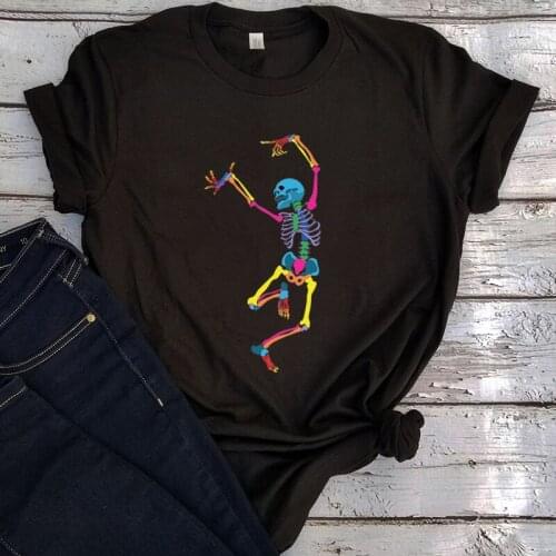 Dancing Skeleton Tshirt Vintage Streetwear Halloween Horror Movie Graphic T Shirts Women Horror Squad Clothes Graphic Tee