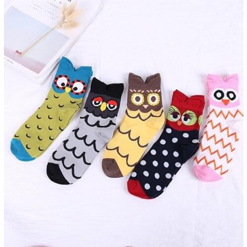 Harajuku Kawaii Socks Women Cotton Cartoon Cute Animal Owl Dot Print Happy Funny Socks Casual Middle Tube Autumn Winter Hip Hop