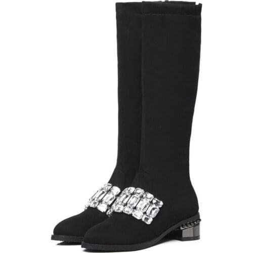 US4-13 Womens Round Toe Diamond Knee Thigh High Boots Suede Leather Warm Winter Shoes Block Heel Black Plus Size 34-48