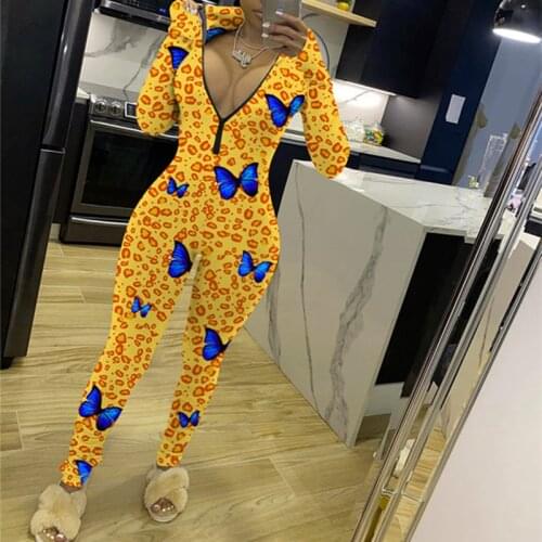 Long Sleeve Jumpsuit Women 2020 New Leopard Butterfly Print One Piece Yellow Bodycon Rompers Sporty Fitness Zipper Party Outfits