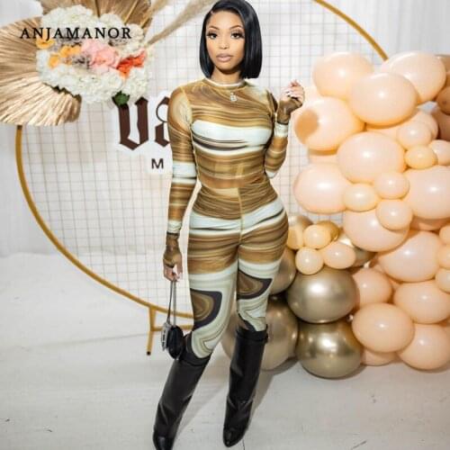 ANJAMANOR Sexy Brown Print Bodycon Two Piece Set Top and Pants Fall 2021 Womens Fashion Clothes Club Outfits Jumpsuits D70-CI34