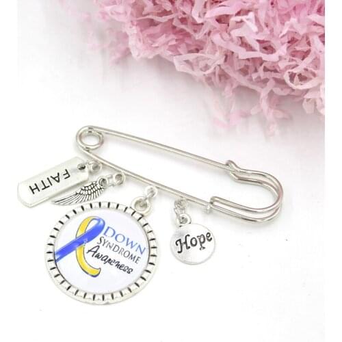 10PCS Cancer Brooch Pin Hope Faith Blue and Yellow Ribbon Down Syndrom Awareness Pin Brooch Safety Pins for Women Men Jewelry