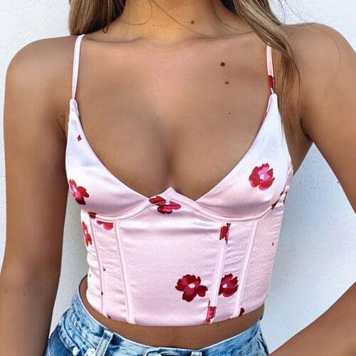 2021 Summer Floral Print Clothes Blue Sleeveless Club Forefair Staghetti V Neck Satin Corset Top With Straps Women Crop Tops