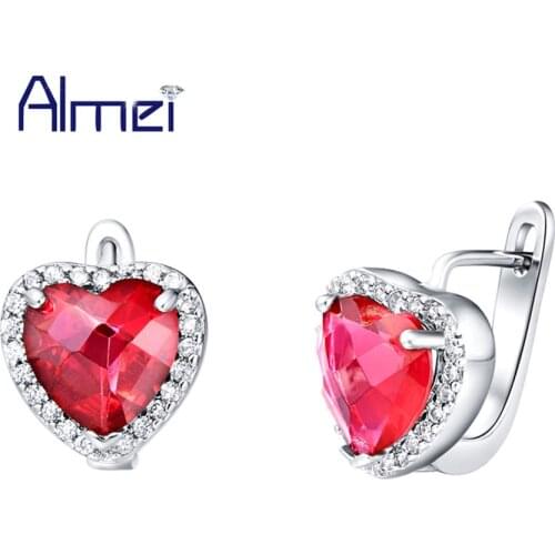 Almei Fashion Wholesale New Heart Earrings,New Silver Fashion Jewelry ,Red Stone Love Red Crystal Stud Earring for Wedding R195