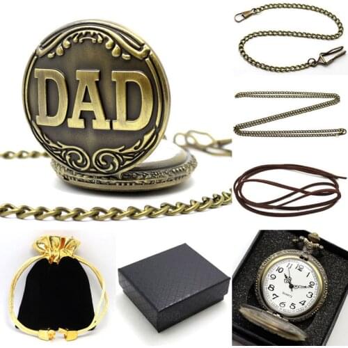 Antique Bronze Dad Pattern Quartz Pocket Watch with Necklace Fob Watch Fathers Day Gift Fathers Day Gifts Sets P38CKWB