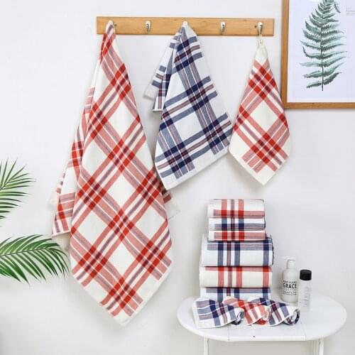 Adult bath towel check three-piece set, one gauze and one terry 100% cotton bath towel, square towel, cover towel, face towel