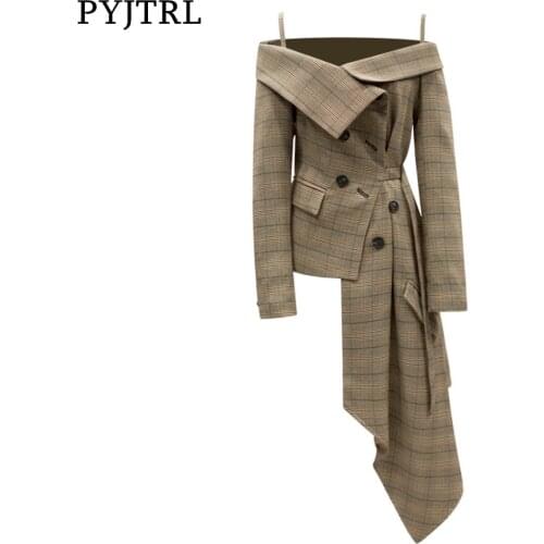 High Street Elegant Women Off the Shoulder Plaid Print Slim Blazer Fashion Coat