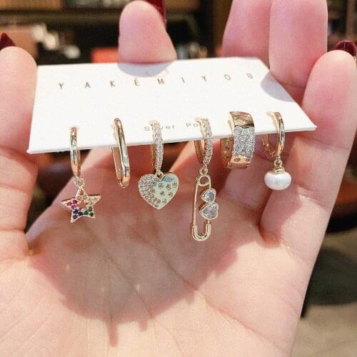 Fashion Dainty Star Heart Drop Earrings Inlaid Zircon Elegant Pearl Small Hoop Earrings Sets For Women Jewelry 2021