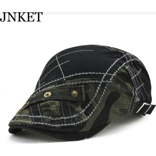 JNKET Fashion Camouflage Men‘s Beret Hat Flat Cap Pure Cotton Peaked Cap Metal Button Patchwork Casquette Gorras