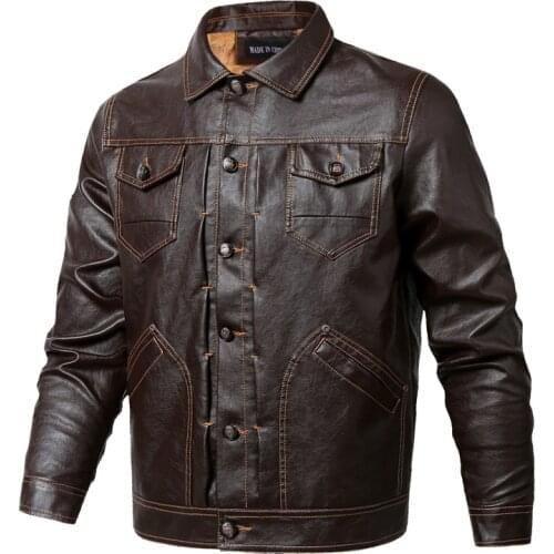 Mens New Solid Color Spring And Autumn Loose Large Casual Washed Leather Jacket Youth Plush Pocket Decoration Faux Leather Jack
