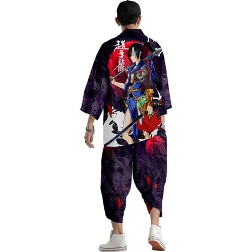 Man Japanese Kimono Blouse Yukata Male Samurai Costume Haori Obi Mens Kimono Cardigan Japanese Streetwear Jacket Pants DE33