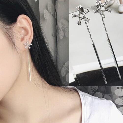 New Fashion Accessories Silver Plated Hollow Star Earrings Gift for Women Girl Crystal Pentagram Long Tassel Earrings Jewelry