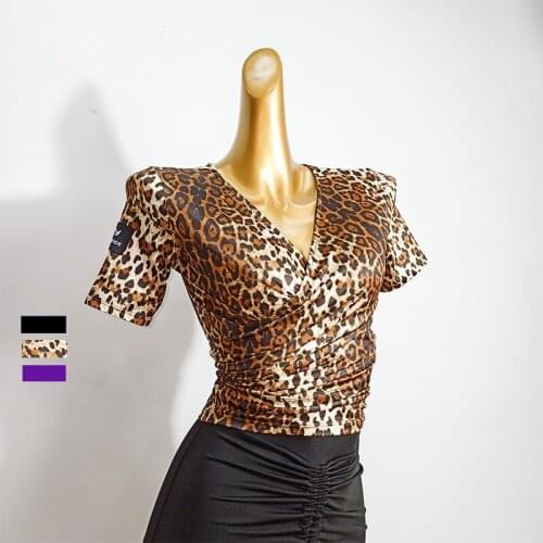 New Latin Dance Top Women Rumba Cha Cha Samba Tango Salsa Practice Wear Sexy Leopard Print Milk Silk Short Sleeve Shirts DN6002