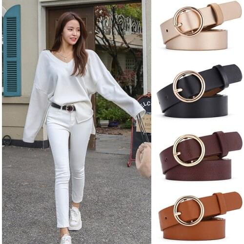 Women Belt Classic Fashion Solid Leather Waistband Circle Buckle Wide Belt Blue Khaki Black White Champagne