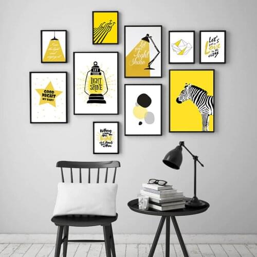 Nordic Cartoon Animal Art Canvas Painting Print Yellow Table Lamp Poster Wall Pictures For Kids Room Nursery Home Decor LB221
