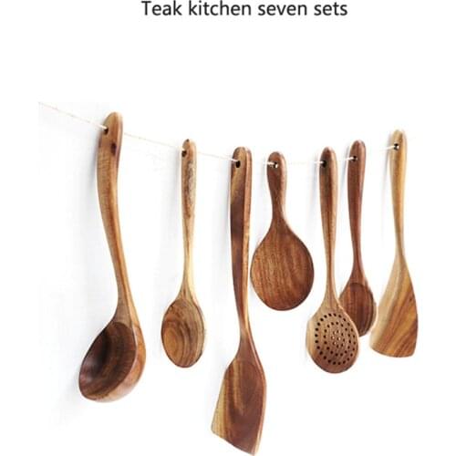Thailand Teak Natural Wood Tableware Spoon Ladle Turner Long Rice Colander Soup Skimmer Cooking Spoons Scoop Kitchen Tool Set
